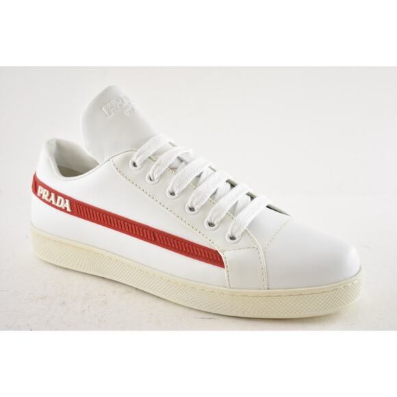 Prada Band White Red Stripe Logo Lace Up Tie Flat Low Top Trainer Sneaker 36.5 - Picture 6 of 16